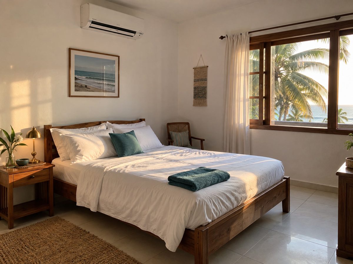 Simple air-conditioned bedroom with white bedding, a brass lamp and palm leaves outside the window