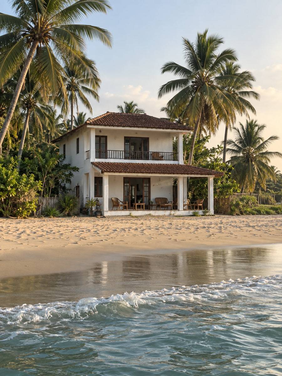 Whitewashed two-storey beach house seen from the sand, coconut palms on either side, late afternoon