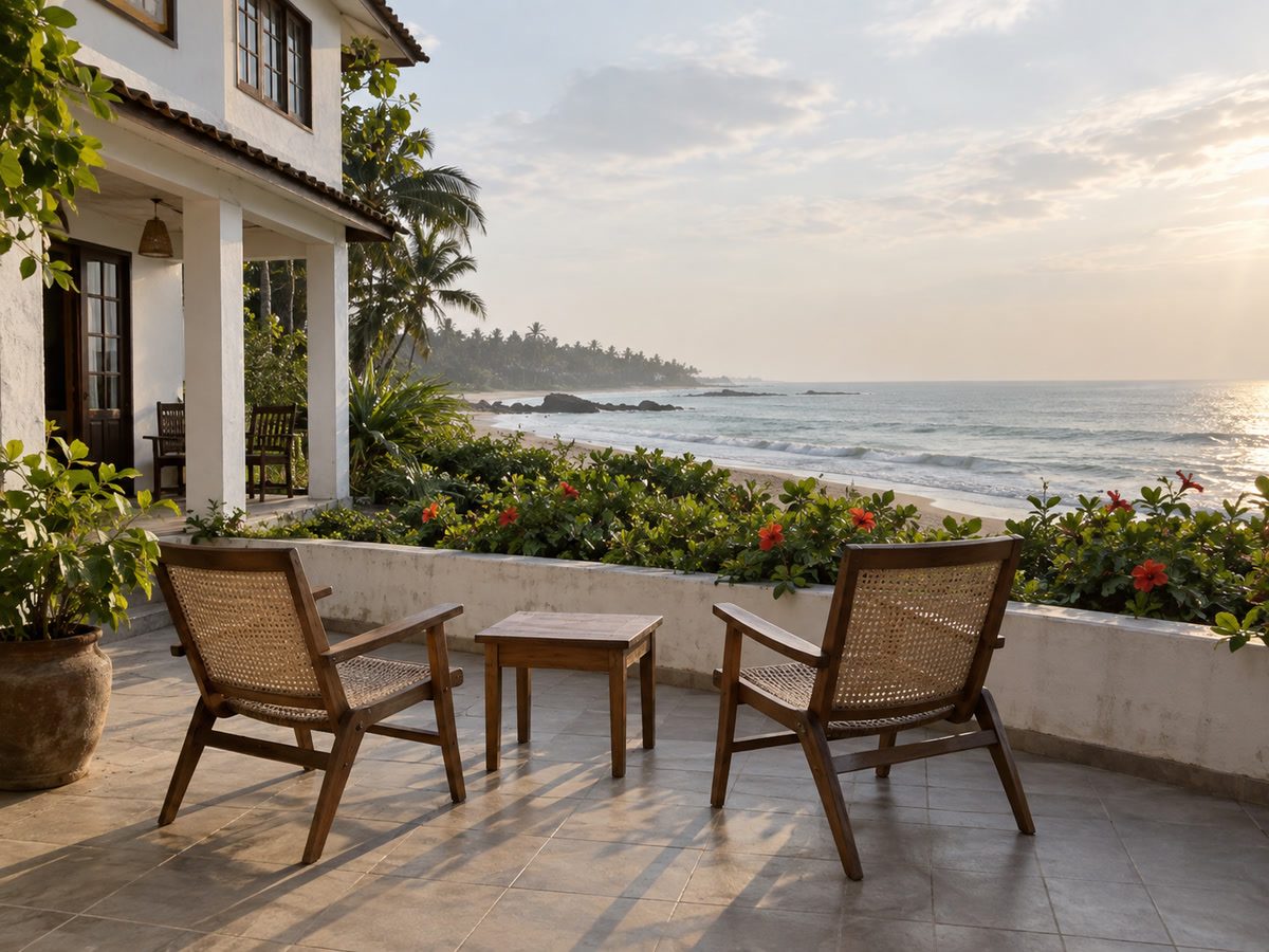 Tiled terrace with cane chairs facing a calm grey-green sea