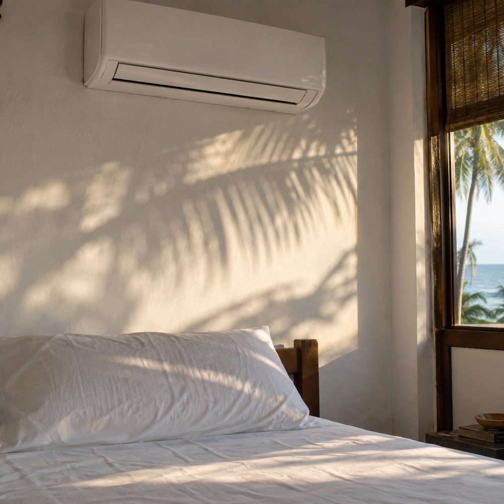 Simple air-conditioned bedroom with white bedding and a window onto palm leaves