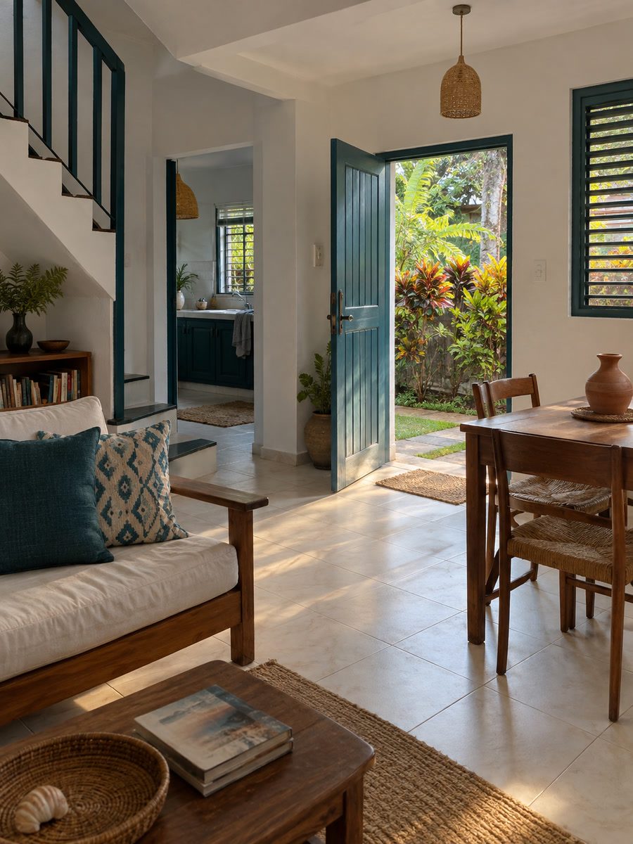Apartment living area with tiled floor, small dining table and a doorway to the garden