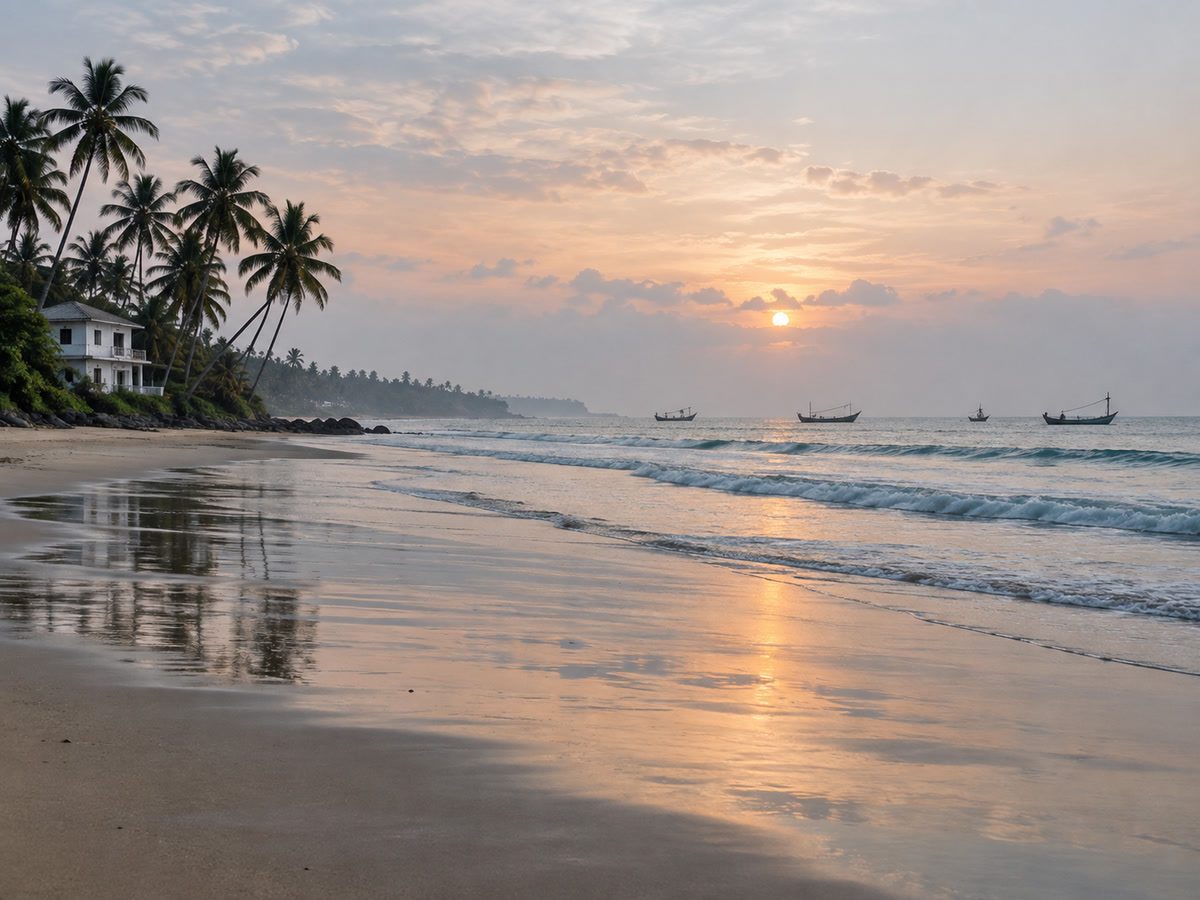 Panadura beach at sunrise, wet sand reflecting a pale sky