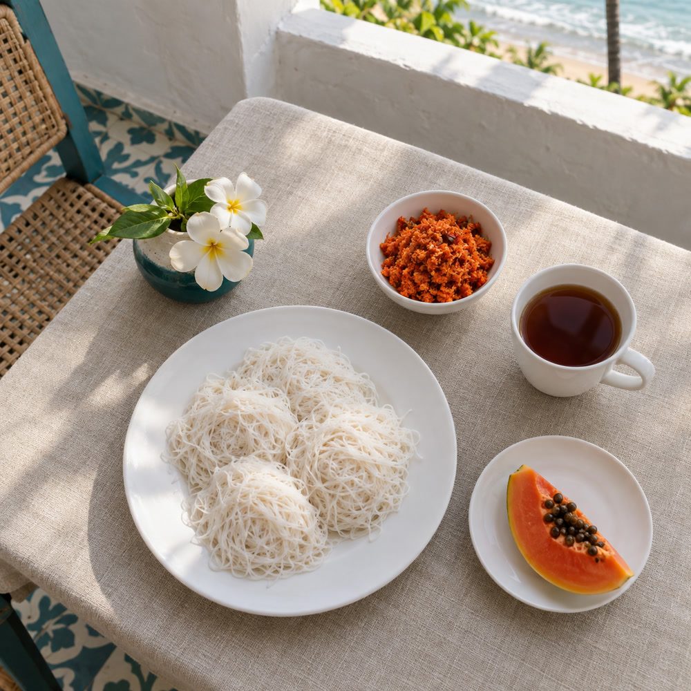 Breakfast of string hoppers, pol sambol and tea laid on a terrace table