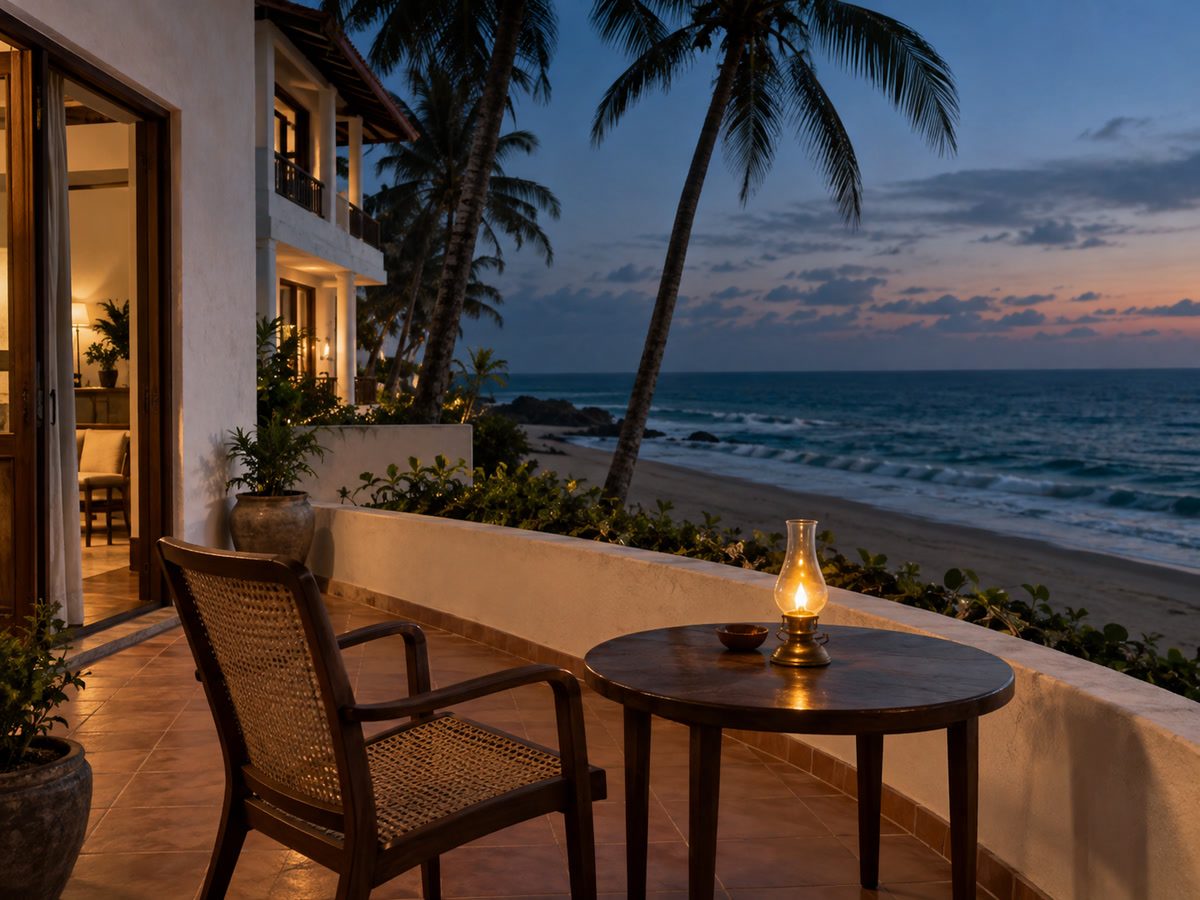 Evening view from the terrace, lamp lit, sea turning dark blue